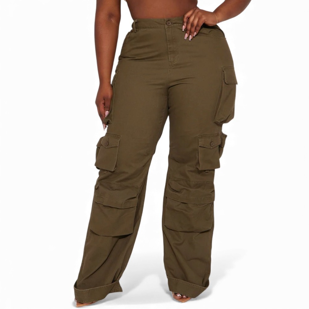 NWT Fashion Nova WEEKENDER WIDE LEG CARGO PANTS Olive Green Hi-Rise Cotton 2X